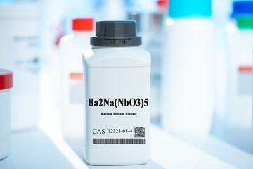 Ba2Na(NbO3)5 barium sodium niobate CAS 12323-03-4 chemical substance in white plastic laboratory packaging