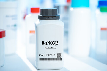 Be(NO3)2 beryllium nitrate CAS 7787-55-5 chemical substance in white plastic laboratory packaging