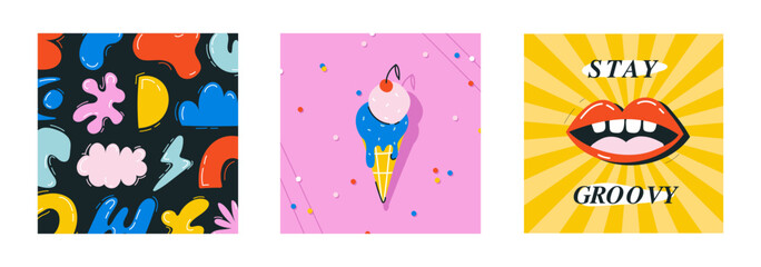 Hand drawn Abstract shapes, funny cute Comic characters. Big Set of Different colored Vector stock illustartions. Cartoon style. Flat design. All elements are isolated. Square Posters, logo Templates.