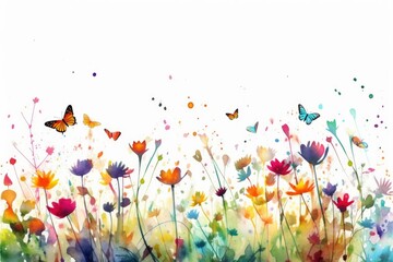 Fototapeta na wymiar Abstract flower summer meadow with flying butterflies watercolor style on a white background created with Generative AI