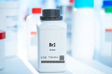 Br2 bromine CAS 7726-95-6 chemical substance in white plastic laboratory packaging