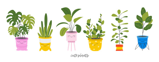 Childrens card with a drawing of a houseplant in a pot with a slogan about a friend. Cute kawaii houseplants with lattering, plants are friends. Vector stock illustration isolated on white background