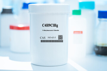 C4H9ClHg n-Butylmercuric chloride CAS 543-63-5 chemical substance in white plastic laboratory packaging