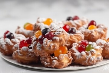 Fototapeta premium Delicious carnival pancakes decorated with cherries, AI generative