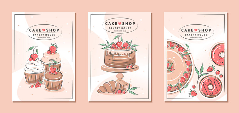 Cake shop, bakery house. Set of design sample flyers for pastry and bread shop, cooking, dessert, sweet products. Vector illustration for poster A4, banner, menu, advertising.