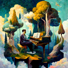 man playing piano among trees. Abstract painting