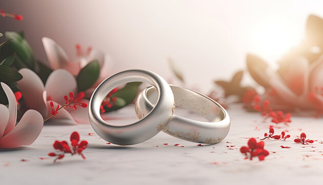 Wedding rings and jasmine flowers on flat surface