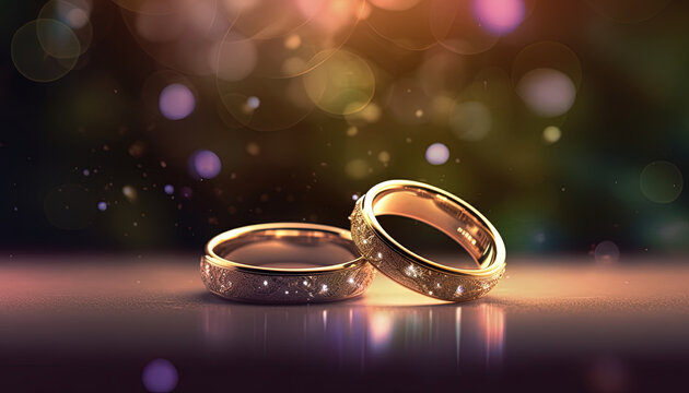 Close-up with wedding rings on a flat surface and blurred background
