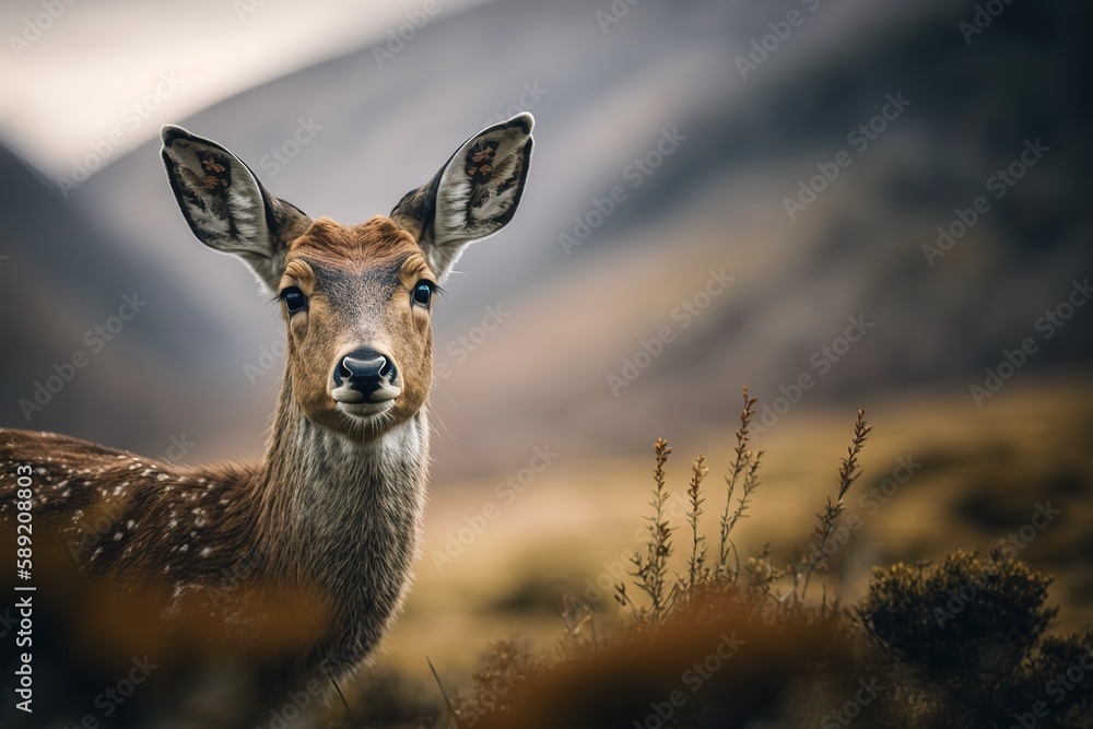 Poster deer in the distance, captured with selective focus as it gazes directly into the camera's lens. gen