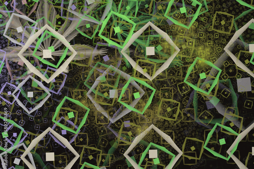 Aufkleber green yellow pattern of small squares on a black background. abstract fractal 3d rendering