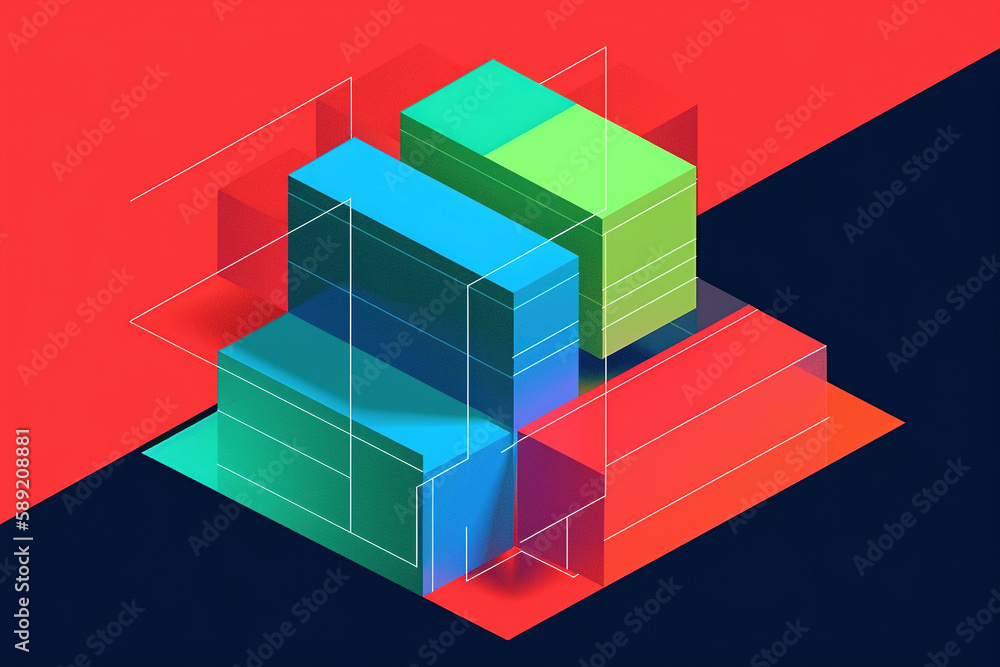 Poster abstract multicolored isometric parallelepipeds with geometric white lines on a blue-red background,