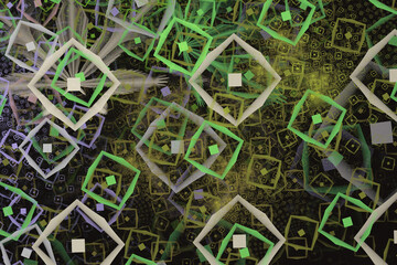 Green yellow pattern of small squares on a black background. Abstract fractal 3D rendering
