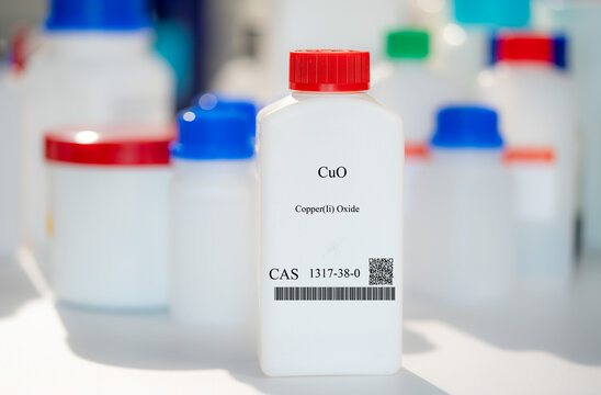 CuO copper(II) oxide CAS 1317-38-0 chemical substance in white plastic laboratory packaging