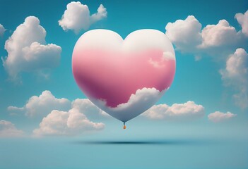 Obraz premium Minimal love concept of pink heart shaped balloon oo blue sky with white clouds background. Soft pastel colors. Creative Valentine's Day. Illustration. Generative AI