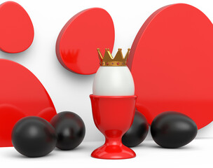 Unique white egg in royal king crown in ceramic eggcup and scattered black eggs