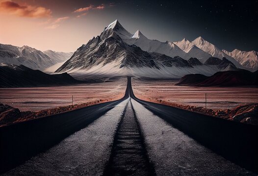 a long road with a mountain in the background and snow on the ground. generative ai