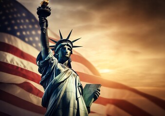 a statue of liberty with an american flag