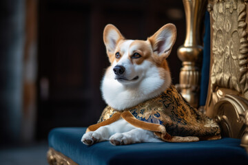 Pembroke Welsh Corgi dog dressed with a British royal family crown & robe, in celebration of King Charles III's coronation. Generative AI.