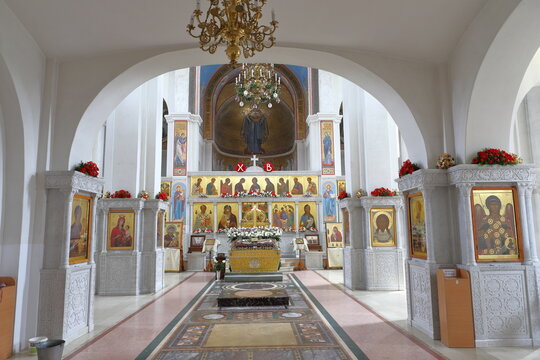 Ternopil, Ukraine, Orthodox Church May 2021. Festively decorated church with a shroud on the throne. "Shroud" canvas with an embroidered image of Jesus Christ lying in a tomb decorated with flowers an