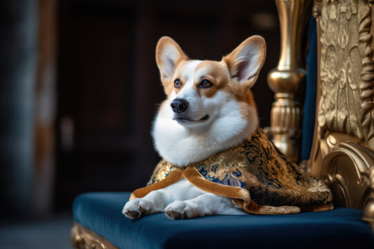 Pembroke Welsh Corgi dog dressed with a British royal family crown & robe, in celebration of King Charles III's coronation. Generative AI.