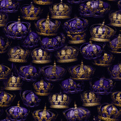Repeating background tile pattern of gold and purple British Monarchy crowns in celebration of King Charles III's coronation. Generative AI.