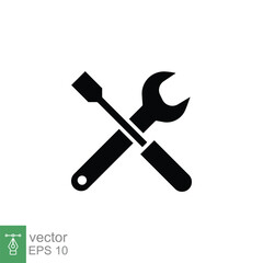 Maintenance icon. Wrench and screwdriver crossed construction tools, fix, repair concept. Simple solid style. Black silhouette, glyph symbol. Vector illustration isolated on white background. EPS 10.