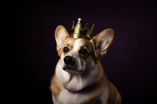 Pembroke Welsh Corgi dog dressed with a British royal family crown & robe, in celebration of King Charles III's coronation. Generative AI.