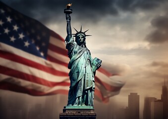 a statue of liberty with an american flag