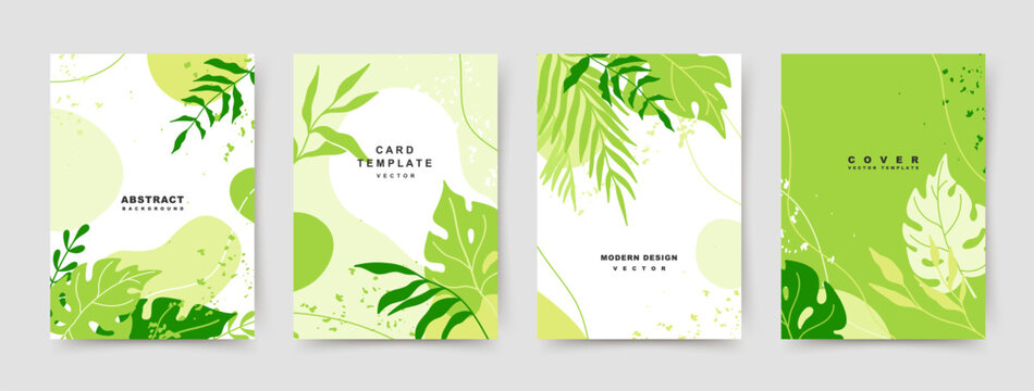 Summer green backgrounds with tropical leaves and texture. Editable vector templates for card, banner, invitation, social media post, poster, mobile apps, web ads