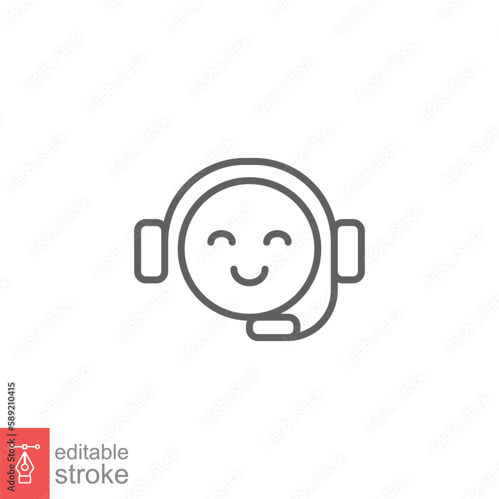 Poster call center operator icon. happy operator, hotline service support in headset concept. simple outlin