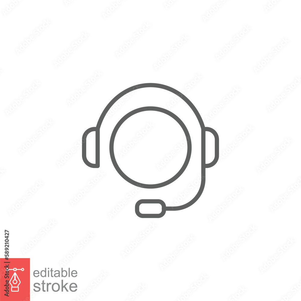 Poster call center operator icon. happy operator, hotline service support in headset concept. simple outlin