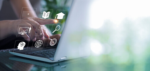 E-learning education, internet lessons and online webinar. Person who attends online lessons on a digital screen.Education internet Technology.