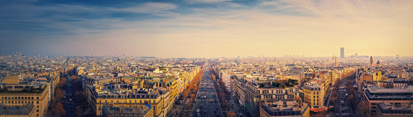 Paris cityscape sunset panorama from the triumphal arch with view to parisian avenues and...