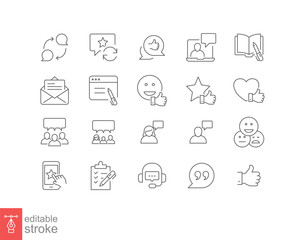 Business and finance web line icon set. Testimonials, customer relationship management or CRM concept. Simple outline style symbol collection. Vector illustration isolated. Editable stroke EPS 10.