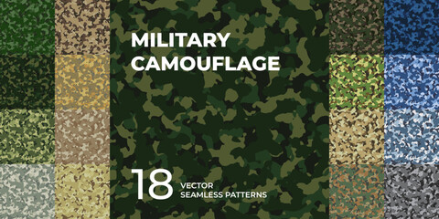 Set of military camouflage patterns. Army seamless camo. Abstract army and hunting camouflage ornament. Masking design for army or hunting. Vector illustration for web design and clothes - obrazy, fototapety, plakaty