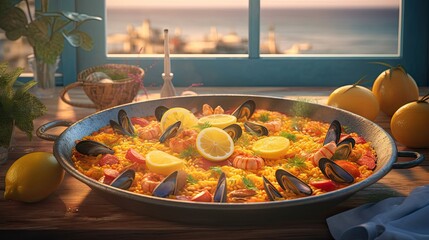 paella in a restaurant, created with ai generative ai technology