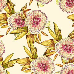 Peonies and leaves composition seamless pattern.