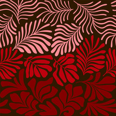 Red pink abstract background with tropical palm leaves in Matisse style. Vector seamless pattern with Scandinavian cut out elements.