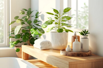 Modern sustainable white bathroom interior with bathtub, bath accessories and white towel on wooden shelf  with potted plants. Eco friendly bathroom interior. Generative AI