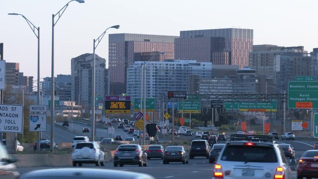 New Amazon HQ2 in the background of Interstate 395 in Crystal City, Arlington, Virginia at sunset