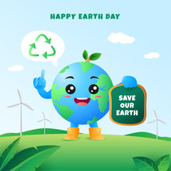 Earth character holding green board with recycle bubble on windmill green landscape.