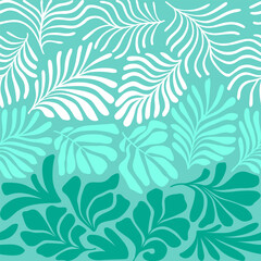 Fototapeta na wymiar Turquoise gradient abstract background with tropical palm leaves in Matisse style. Vector seamless pattern with Scandinavian cut out elements.