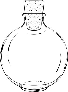 Empty Glass Round Vial. Bottle For A Potion Or Alchemy With A Cork. Vector Illustrations In Hand Drawn Sketch Style Isolated On White. Black Outline Graphics For Print, Coloring Book, Logo, Tattoo