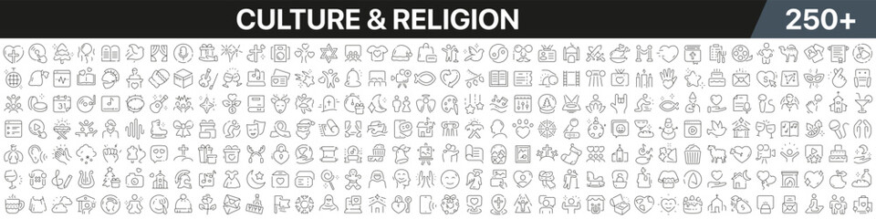 Obraz na płótnie Canvas Culture and religion linear icons collection. Big set of more 250 thin line icons in black. Culture and religion black icons. Vector illustration