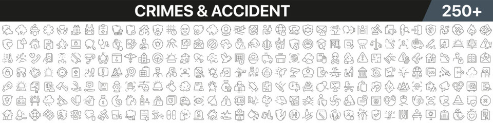 Crimes and accident linear icons collection. Big set of more 250 thin line icons in black. Crimes and accident black icons. Vector illustration