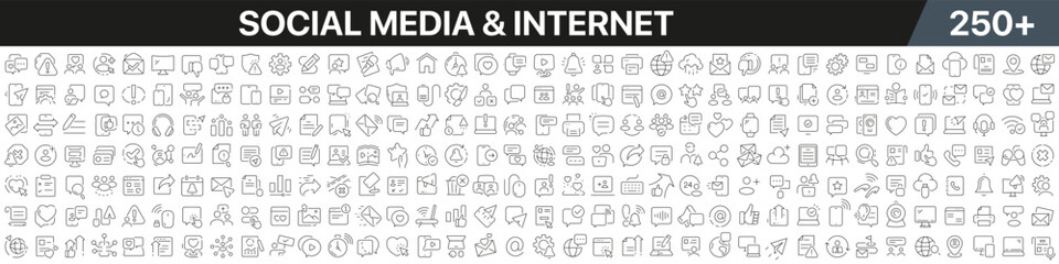 Social media and internet linear icons collection. Big set of more 250 thin line icons in black. Social media and internet black icons. Vector illustration