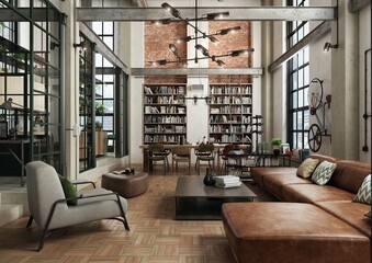 Modern, spacious loft apartment, designed as an open-plan interior with a living room, dining romm, separated bedroom, kitchen, home office and bathroom on the mezzanine. 3d illustration