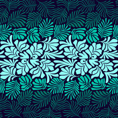 Fototapeta na wymiar Turquoise green abstract background with tropical palm leaves in Matisse style. Vector seamless pattern with Scandinavian cut out elements.