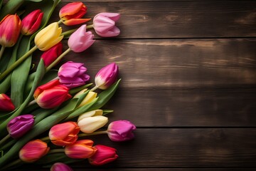 Colorful tulips on vintage wooden background