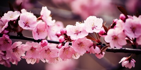 Tree branches with pink flowers blooming in spring created with Generative AI